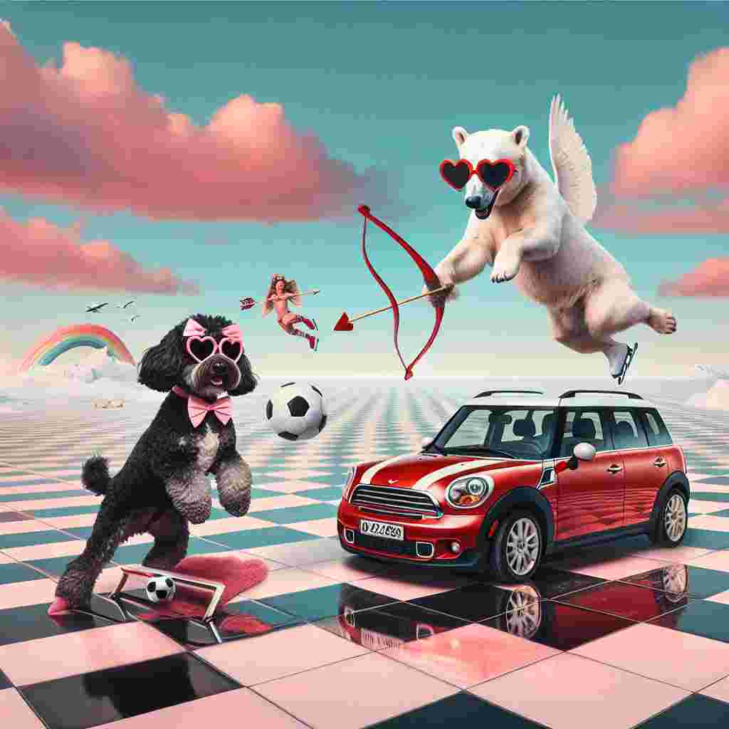 On this surreal Valentine's day, a black cockapoo dog adorned with a pink bow tie and a white Jack Russell dog wearing heart-shaped sunglasses are hilariously engaged in a playful soccer match on a boundlessly vast checkerboard field. Floating above this lively scene, a polar bear is gracefully ice-skating on a thin layer of cloud, curiously observing the amusing dogs playing below. On the edge of this spectacle, a bright red Mini Countryman car with Cupid's arrows as antennas radiates an aura of love, its windows reflecting the lovely pastel hues of the Valentine's day sky.
Generated with these themes: Black cockapoo , White jack Russel , Soccer, Red mini countryman , and Polar bear .
Made with ❤️ by AI.