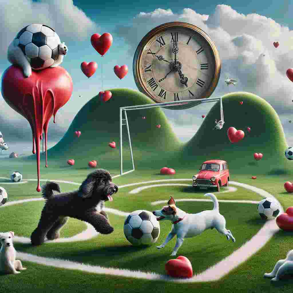 A whimsical scene unfolds, perfect for Valentine's Day, showcasing imaginative elements and surreal touches. A black cockapoo and a white Jack Russell Terrier are in the middle of an engaging soccer game on a lush, heart-shaped field of green grass. The ball they're playing with is quite adorable, adorned with a repeating heart pattern. The backdrop features a diminutive red automobile, seemingly parked atop a physically impossible, giant melting clock, paying homage to a mysterious and unconventional aesthetic reminiscent of the late 19th-century surrealist era. Floating above the landscape, a congenial polar bear adds another layer of whimsy, clutching onto a collection of heart-shaped balloons, contributing to the dreamy ambiance of shared affection and camaraderie.
Generated with these themes: Black cockapoo , White jack Russel , Soccer, Red mini countryman , and Polar bear .
Made with ❤️ by AI.