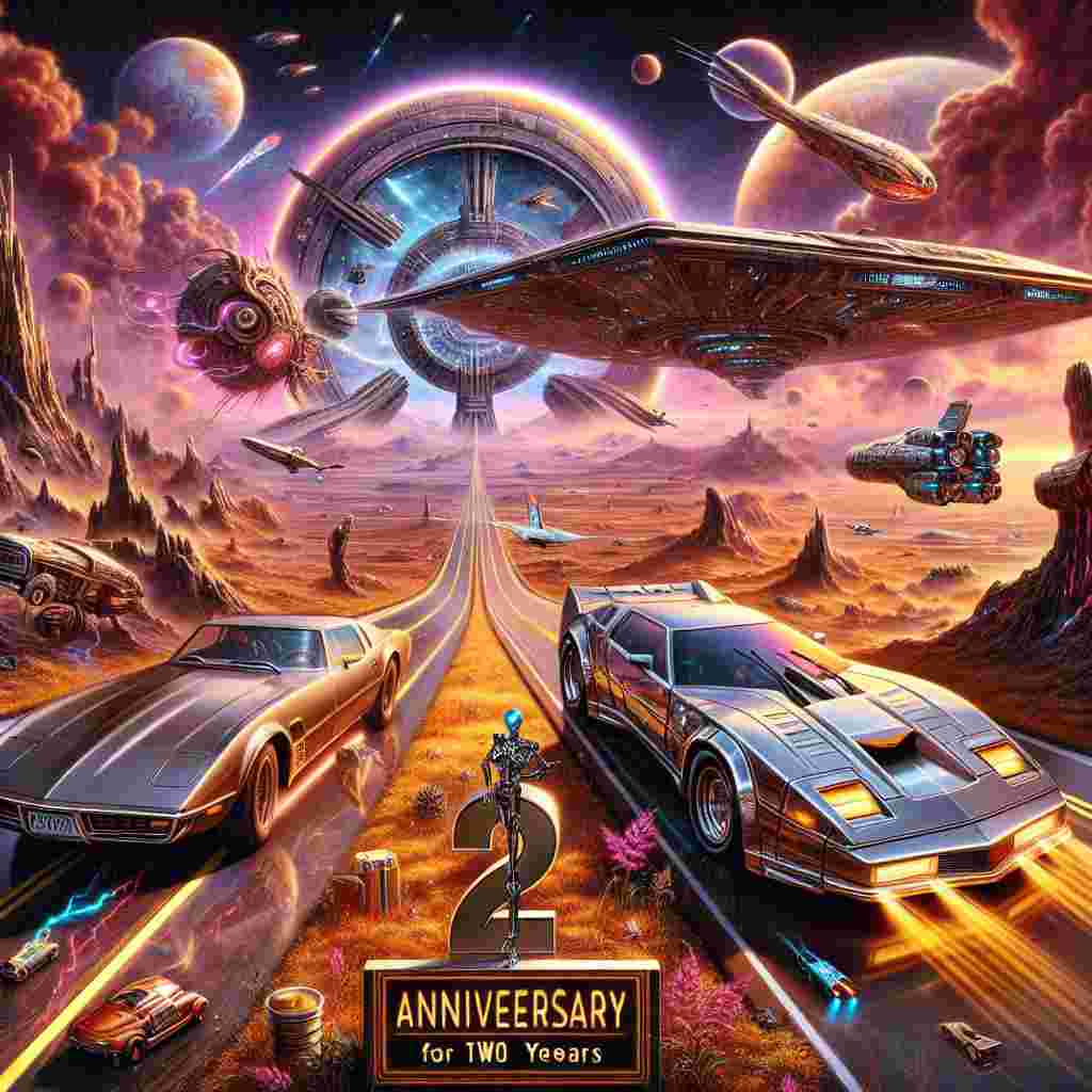 Amid the backdrop of a surreal landscape full of time distortions and alien terrain, an anniversary celebration for two years is highlighted. A futuristic car with gull-wing doors dashes through a temporal distort, while a large starship hovers within chocolate-hued cosmic clouds. Down below, a procession of classic sports cars, with their reflective surfaces mirroring the distant gleam of a robotic law enforcement officer's visor. A bio-mechanical extraterrestrial creature and a relentless humanoid machine stand near an anniversary banner, supervising the celebrations with an unusual sense of unity. The image encapsulates the bewildering and fantastical, honouring a milestone in the convergence of sci-fi and action cinema legends.
Generated with these themes: Alien films, Back to the future, Mustang cars, Star trek, Terminator, Robocop, 2 year anniversary, and Chocolate .
Made with ❤️ by AI.