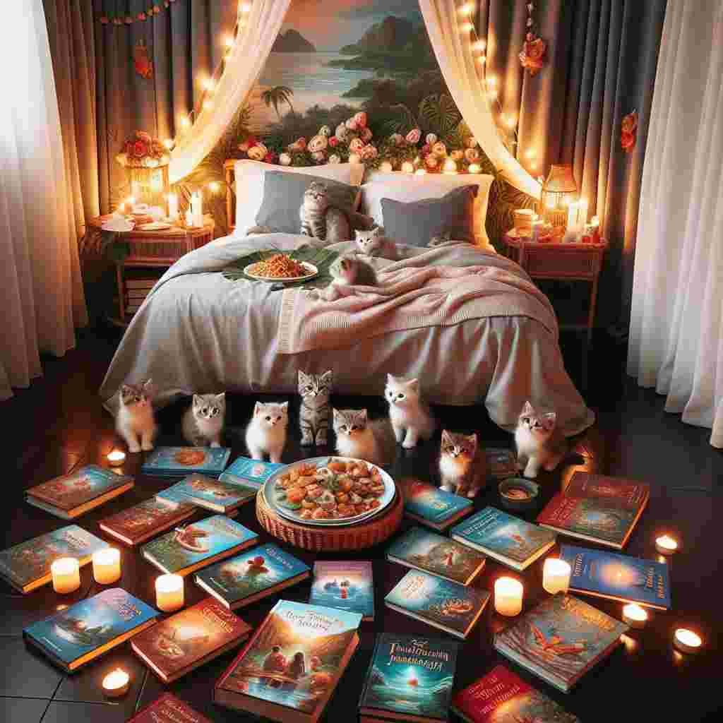 A cozy bedroom is warmly lit by the gentle illumination of string lights, creating a serene setting for a birthday celebration. In the middle of the room, a cluster of cute kittens busily interacts with numerous storybooks spread around, signifying a fervor for reading. The covers of the books indicate stories packed with adventurous journeys and fantastical fairytales, ideal for a calming birthday reading session. A meticulously set-up banquet of Thai cuisine is present on a short table, featuring savory dishes like Pad Thai and green curry, enticing guests to savor the authentic tastes of Thailand amidst the birthday joy.
Generated with these themes: Kittens, Reading books, Bedroom, and Thai food.
Made with ❤️ by AI.