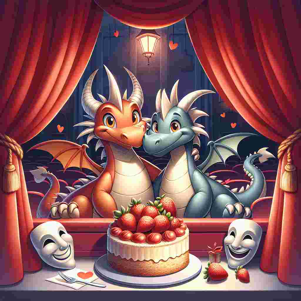 Create a delightful Valentine's Day illustration featuring two endearing cartoon dragons sitting together in an intimate theatre balcony. Their tails are affectionately entwined, signifying their bond. Nestled between these dragons is a scrumptious cheesecake, garnished with heart-shaped strawberries. In the background, the ambiance of the arts is evoked through the presence of red velvet curtains and the iconic symbols of drama - comedy and tragedy masks. This scene represents a shared passion between the dragons for the world of theatre.
Generated with these themes: Dragons , Cheesecake , and Theatre.
Made with ❤️ by AI.