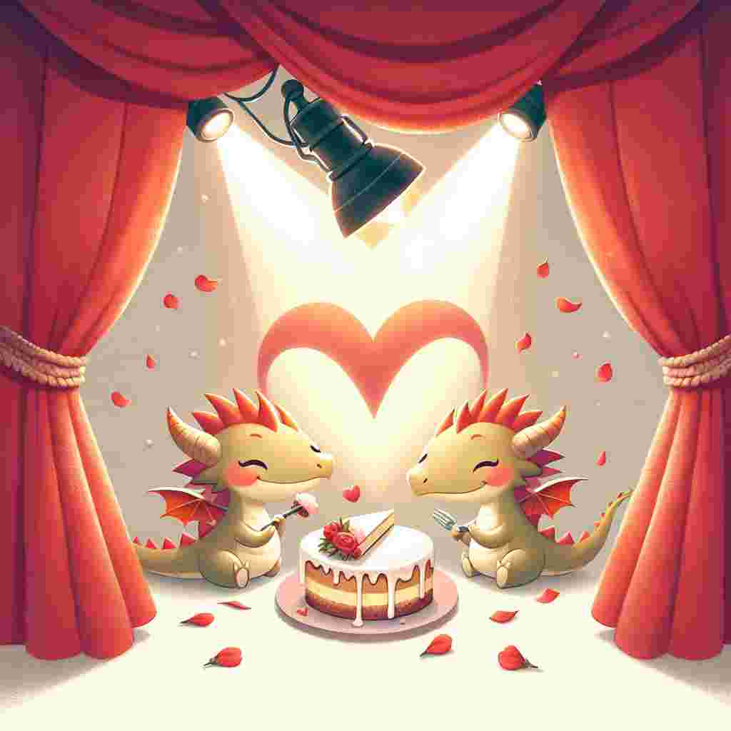 Create a whimsical illustration representing Valentine's Day, featuring two cute dragons sharing a slice of cheesecake on a stage. The curtains of the theatre morph into a heart shape that surrounds them, while the spotlight casts a warm, inviting light that heightens the romantic atmosphere. Rose petals are scattered throughout the scene, adding an elegant touch.
Generated with these themes: Dragons , Cheesecake , and Theatre.
Made with ❤️ by AI.