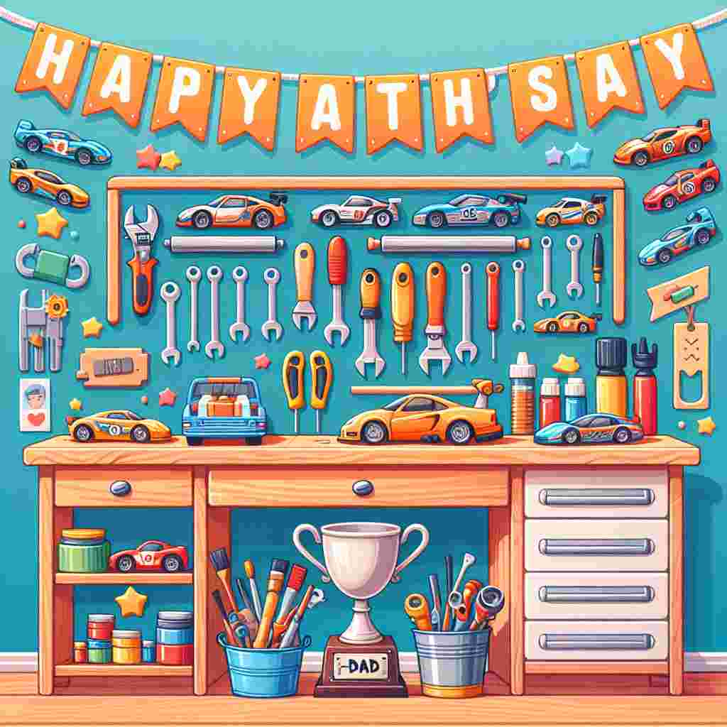 Create an endearing illustration with a Father's Day theme. The centerpiece is a small wooden workbench cluttered with different DIY tools and a homemade 'Best Dad' trophy, suggesting a shared interest between parent and child. A collection of miniature toy fast cars is neatly arranged on a shelf overhead, with vibrant banners displaying the words 'Happy Father's Day' hung behind them. There are no individuals in the image, but it vibrantly radiates the affectionate bond of paternal-child interactions through favorite hobbies.
Generated with these themes: DIY, and Fast cars.
Made with ❤️ by AI.