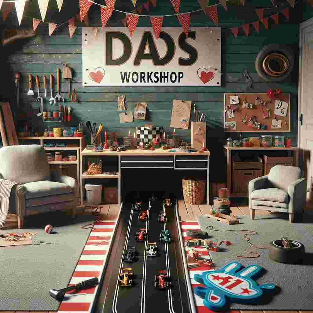 In this image, the spirit of Father's Day is depicted through a heart-warming scene in a vacant, comfortable garage. The walls are adorned with festive streamers and a sizable sign labelled 'Dad's Workshop', painted by hand. A glossy toy racing track is the main centerpiece, showcasing small, rapid automobiles primed for a spirited race. Adjacently, there's a DIY handiwork station littered with crafting implements and supplies, including a partially assembled 'Number 1 Dad' foam hand, suggesting a thoughtful present in the making. The absence of people encourages the observer to visualize a father-child team returning to indulge in their mutual hobbies.
Generated with these themes: DIY, and Fast cars.
Made with ❤️ by AI.