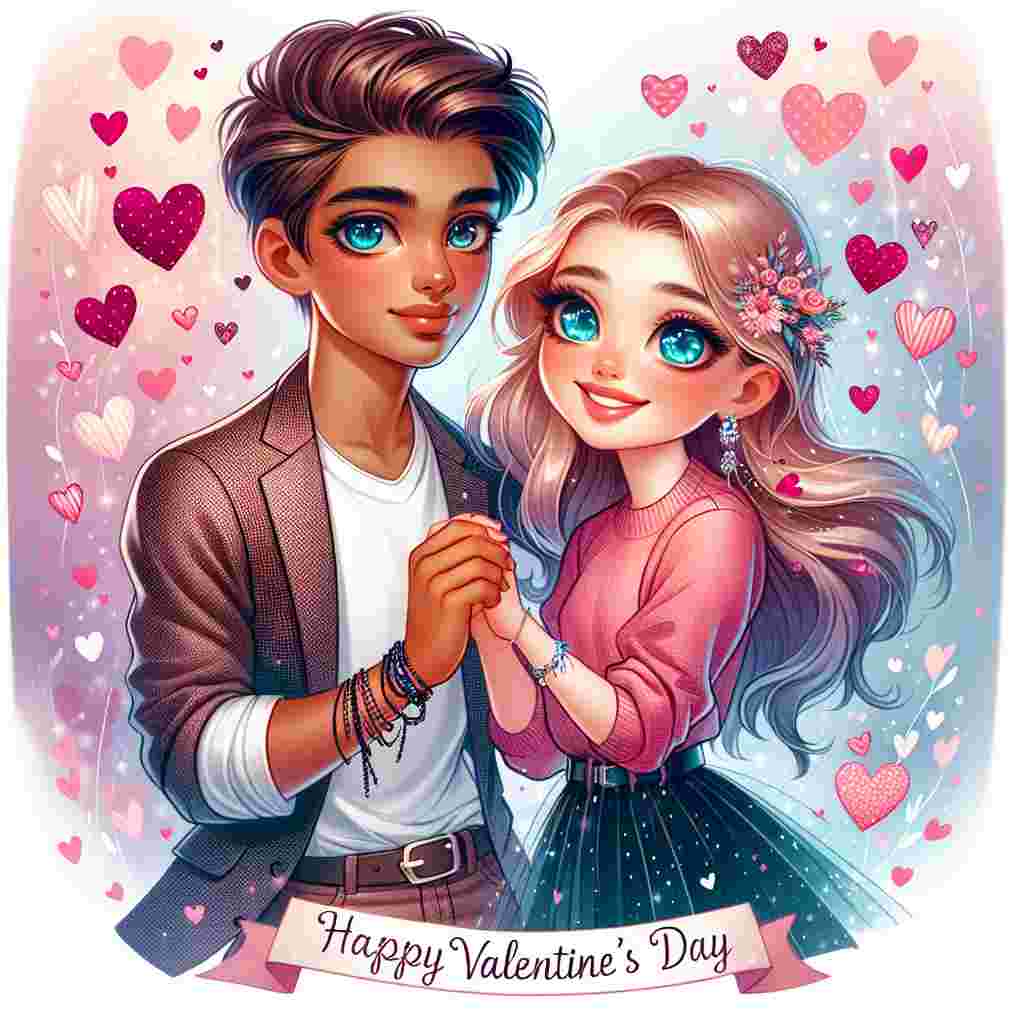A whimsical Valentine's Day illustration showcases a fashionable Indian boy with warm brown skin, wearing a trendy ensemble, holding hands with a charming Irish girl, her sparkling blue eyes overflowing with happiness. They are enveloped by a heart-filled backdrop, with the dreamy pastel colors creating a romantic ambiance as they swap heartfelt smiles below a banner proclaiming 'Happy Valentine's Day'.
Generated with these themes: Indian brown stylish boy with cute irish girl with blue eyes.
Made with ❤️ by AI.