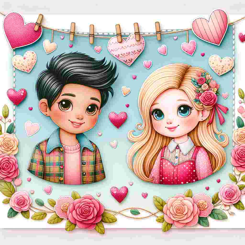 Craft a delightful scene where a South Asian boy, with a trendy hairstyle and colourful clothing, is smiling at his companion, a fair-skinned girl of European descent, distinctively identified by her deep blue eyes and freckles. Surround them with an assortment of floating hearts in soft pinks and red hues, embodying the essence of Valentine's Day. Add a whimsical touch by having a delicate string of roses encircle the happy pair.
Generated with these themes: Indian brown stylish boy with cute irish girl with blue eyes.
Made with ❤️ by AI.