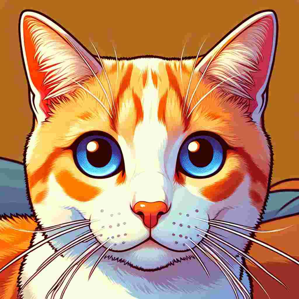 Generate a cartoon imagery of an adult domestic short-haired cat with a normal build, showcasing a vibrant coat that blends white and orange reminiscent of soft sherbet. The hue of its striking blue eyes stare curiously, offering a contrast to its fur's warm tones, and engaging observers into the captivating scene.
.
Made with ❤️ by AI.
