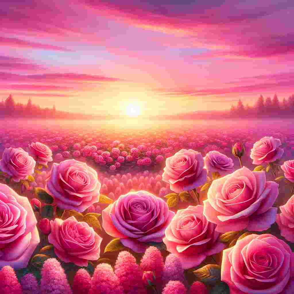 Create a serene and romantic scene depicting a field of vibrant pink roses in full bloom. The roses are proudly displaying their blushing petals, which stand out against the backdrop of a dreamy sunset. The sky is painted in a splendid gradient of cheerful pink at the horizon that gently transitions into a soothing lavender as it stretches upwards, symbolising the transformation of day into night. The sun's last rays dance lightly over the scene, adding a golden glow to the landscape, before they give way to the cresting twilight. The entire scene captures the essence of Valentine's Day, gleaming with serenity, romance, and the promises of enduring love.
Generated with these themes: Pink roses, and Sunset.
Made with ❤️ by AI.