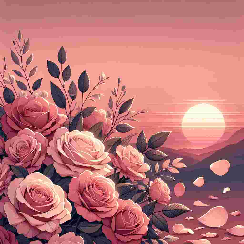 Generate a charming Valentine's Day illustration. The focus of this scene is a bouquet of pink roses in the foreground. Their soft petals are delicately scattered around, adding to the overall tender ambiance. In the background, the setting sun casts a warm, romantic glow. It sinks below the horizon, bathing the entire scene in gentle, amber light. The sky subtly transitions from a blush pink at the horizon to a deeper mauve higher up, adding depth and color variety to the composition. These elements stir together to create a heartwarming atmosphere heavy with love and affection.
Generated with these themes: Pink roses, and Sunset.
Made with ❤️ by AI.