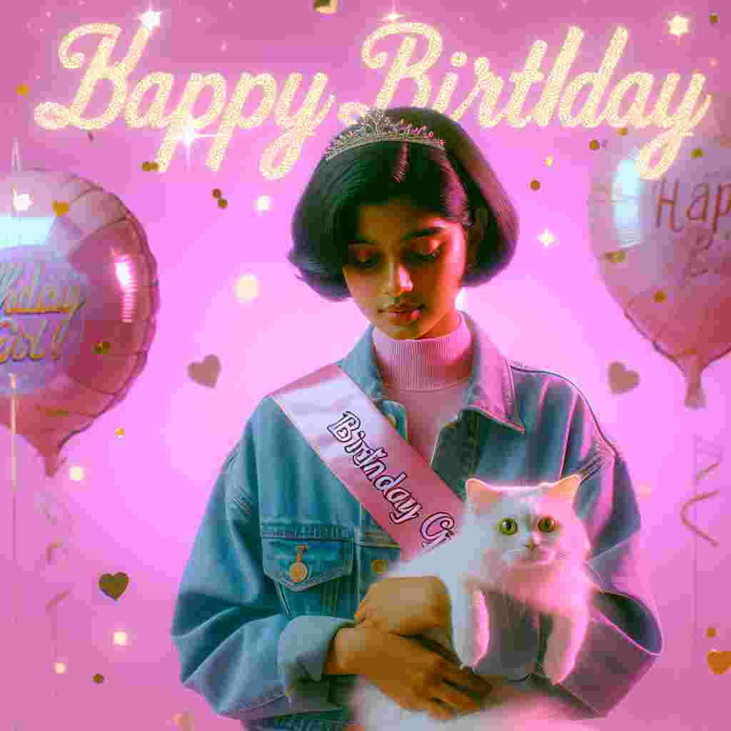 The scene illustrates a granddaughter's 18th birthday with a pastel pink setting. She's depicted cradling a small family cat while wearing a sash that reads 'Birthday Girl.' Above her, 'Happy Birthday' is inscribed in glittering, elegant font amidst floating heart-shaped balloons.
Generated with these themes: granddaughter 18th  .
Made with ❤️ by AI.