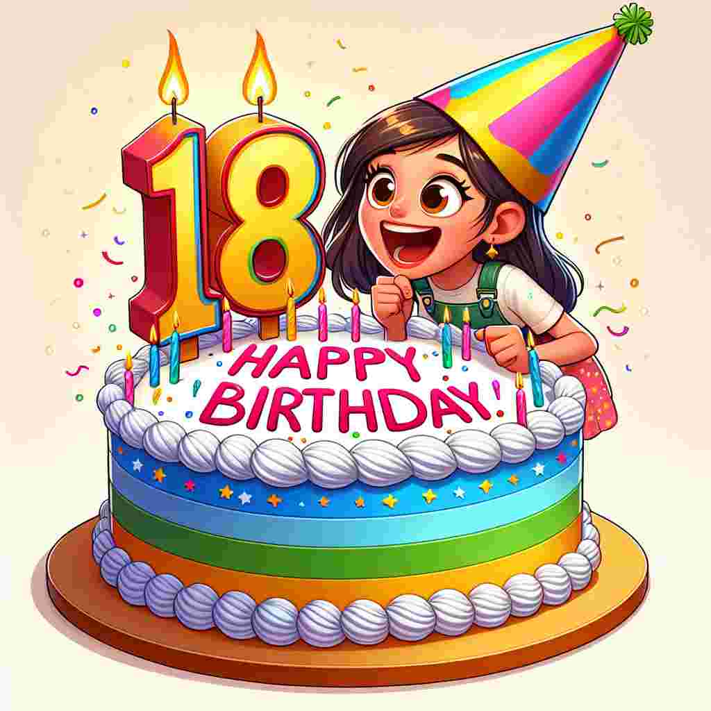In this charming birthday illustration, a cartoonish granddaughter is center stage, wearing a party hat and blowing out candles on a big, colorful cake that prominently displays the number '18'. 'Happy Birthday' is etched into the icing on the cake, adding to the festive atmosphere.
Generated with these themes: granddaughter 18th  .
Made with ❤️ by AI.