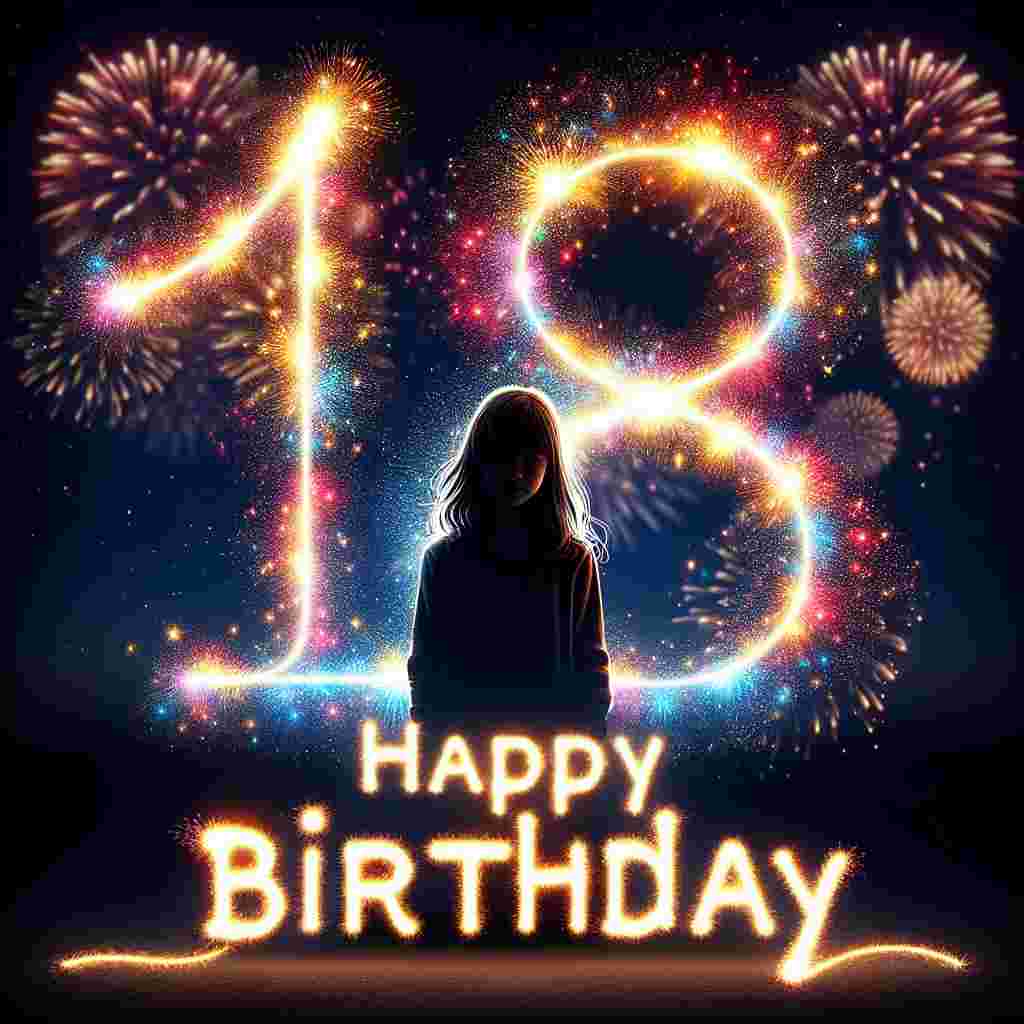 The design features a silhouette of a granddaughter against a backdrop of fireworks that form the number '18' in the night sky. In the forefront, 'Happy Birthday' is spelled out in a luminous, handwritten font, adding a personal touch to the birthday theme.
Generated with these themes: granddaughter 18th  .
Made with ❤️ by AI.