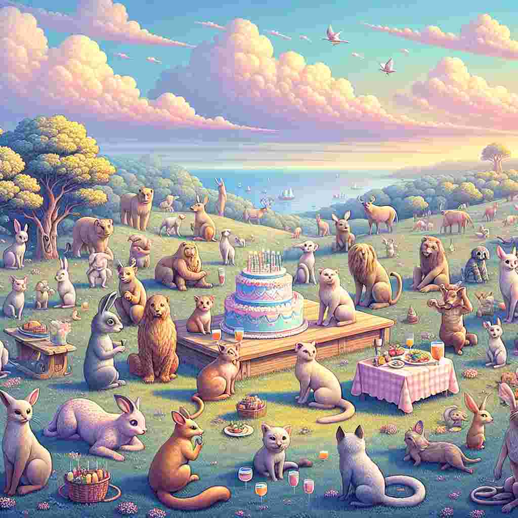 A charming scene depicts a pastel-colored landscape with a large '32nd' written on a sunny sky banner. A group of cute cartoon animals gather around a picnic setup with a birthday cake in the center, and the 'Happy Birthday' greeting is etched onto the cake stand.
Generated with these themes: 32th  .
Made with ❤️ by AI.