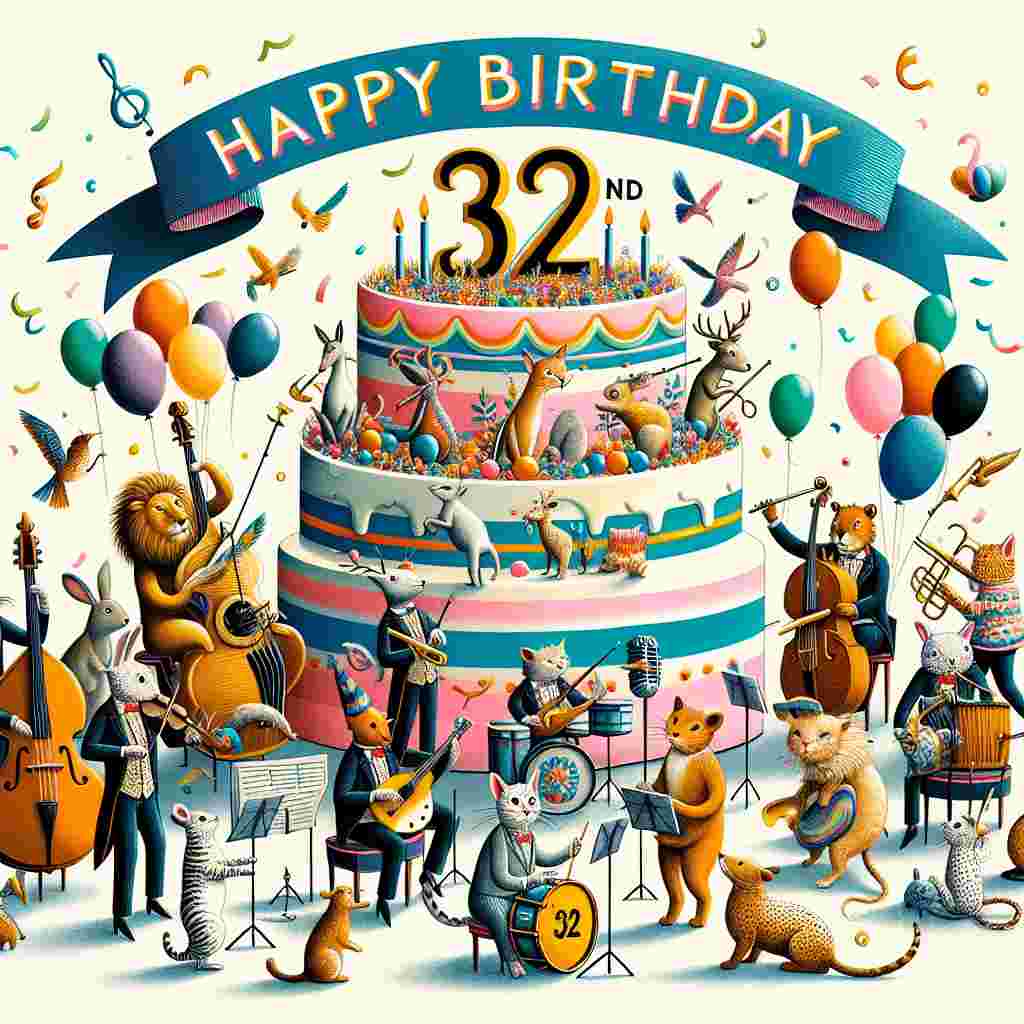 A whimsical illustration features a cheerful animal ensemble playing musical instruments around a giant cake with '32nd' boldly iced on its top tier. Balloons and confetti float in the air, as the words 'Happy Birthday' arch gracefully overhead in a fun, playful font.
Generated with these themes: 32th  .
Made with ❤️ by AI.