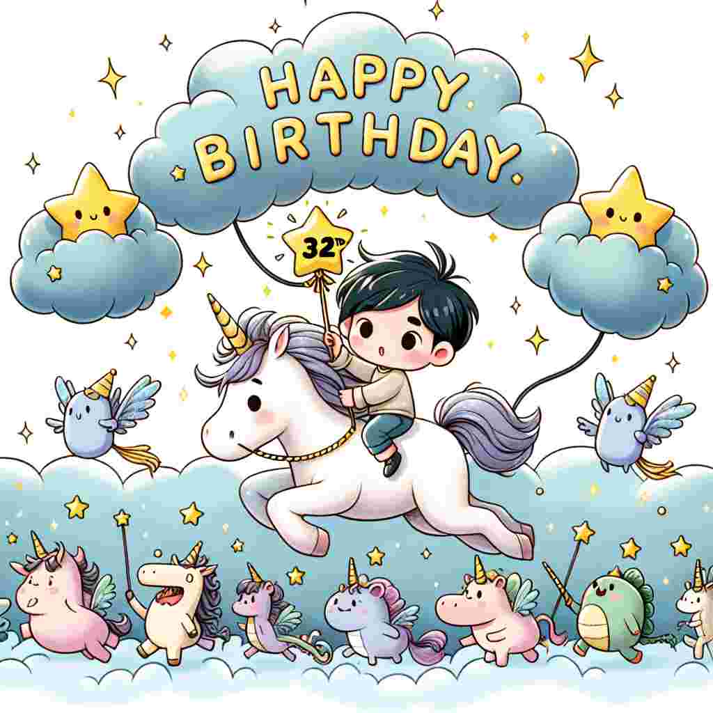 An adorable cartoon child sits astride a galloping unicorn, holding a wand with a star that sparkles with the number '32nd.' They are followed by a procession of fantastical creatures. Above them, clouds form the letters of 'Happy Birthday,' while stars twinkle around the text.
Generated with these themes: 32th  .
Made with ❤️ by AI.