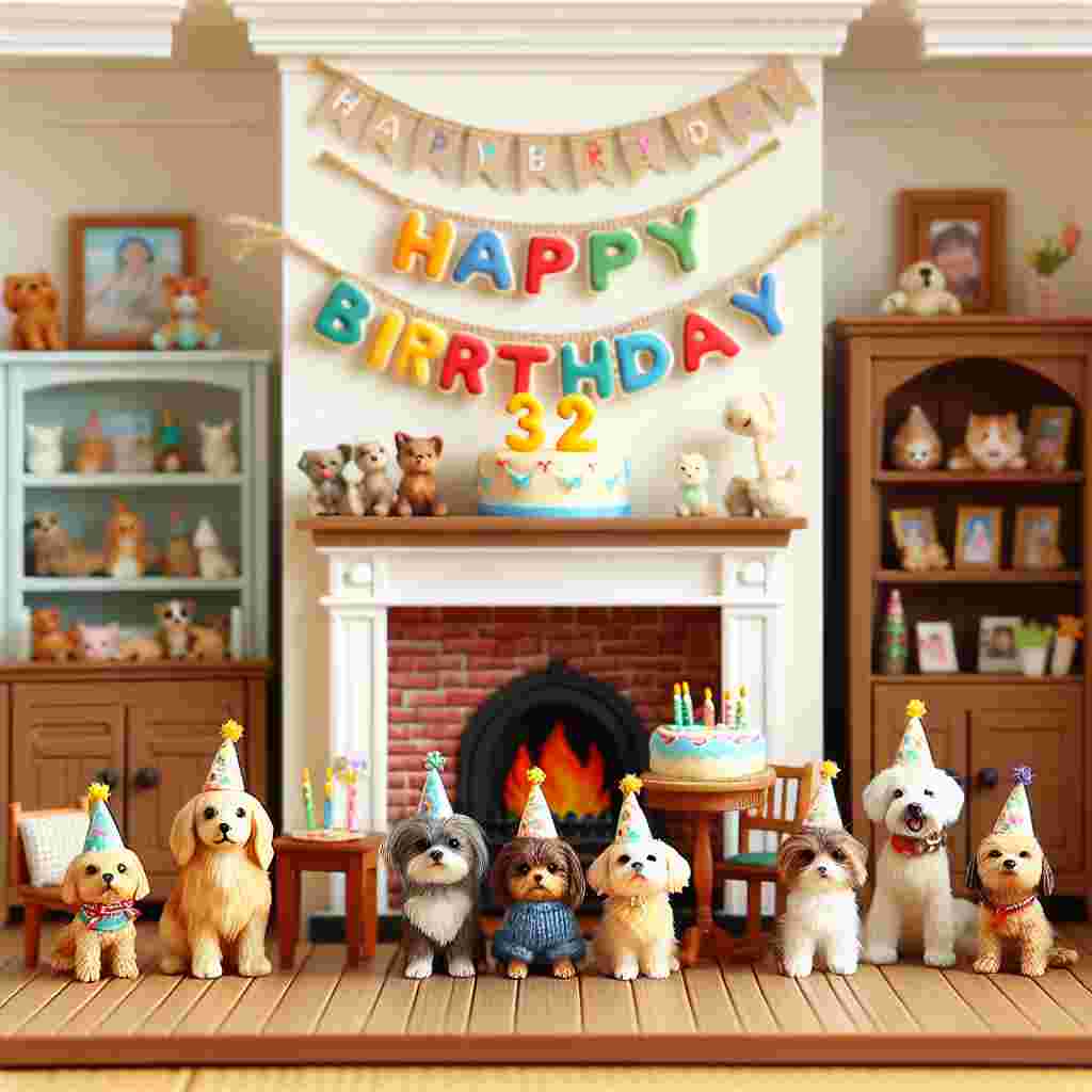 A cozy indoor birthday party setting, complete with a mini-banner that reads '32nd' across the fireplace mantel. A group of cuddly pets wearing party hats sit in front of a table where a cake awaits, with 'Happy Birthday' written on the wall behind them in colorful, bubbly letters.
Generated with these themes: 32th  .
Made with ❤️ by AI.