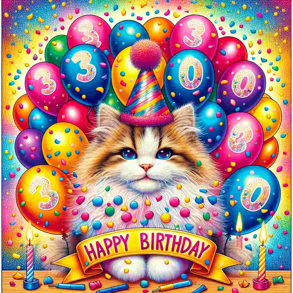 A colorful illustration features a fluffy cat wearing a party hat, surrounded by balloons with the number '30' prominently displayed. A banner above reads 'Happy Birthday' in playful, bold letters against a backdrop of confetti.
Generated with these themes: 30th  .
Made with ❤️ by AI.