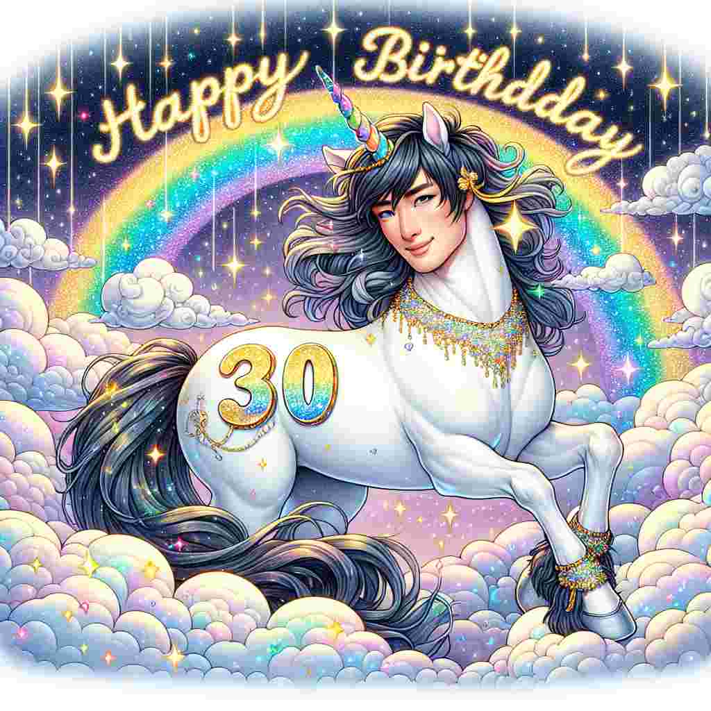 A vibrant illustration presents a fantasy unicorn with a shimmering '30' on its side, floating among clouds and stars. A rainbow arcs overhead, with 'Happy Birthday' written across it in sparkling cursive script.
Generated with these themes: 30th  .
Made with ❤️ by AI.