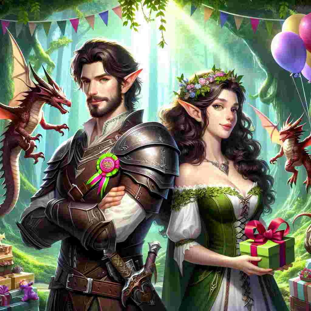 A heartwarming birthday illustration features a whimsical scene set in a lush, enchanted forest, a nod to Dungeons and Dragons. Center stage, your boyfriend is depicted as a dashing ranger with dark brown hair, a thin mustache, and beard, and you alongside as an elven sorceress with flowing dark brown curly hair. Around you two, miniature dragons bearing birthday gifts hover playfully.
Generated with these themes: My boyfriend and I as Dungeons and Dragons characters. He has go dark brown hair and thin moustache and beard and I have long dark brown curly hair., and Dungeons and Dragons.
Made with ❤️ by AI.