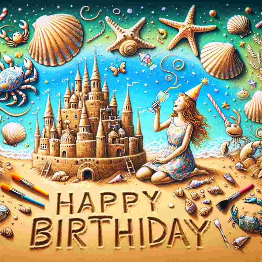 The cute scene unfolds at a lively beach party, with 'Happy Birthday' written in the sandy foreground. Brittany is illustrated as a carefree character building a sandcastle while seashells, starfish, and crabs wearing party hats clink miniature glasses in a toast to her special day.
Generated with these themes: Brittany  .
Made with ❤️ by AI.