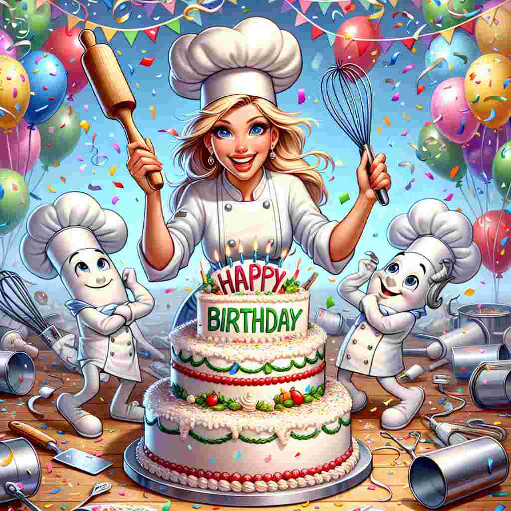 An adorable illustration features Brittany as a cartoon chef, playfully decorating a giant birthday cake with 'Happy Birthday' icing on top. Confetti falls gently around her, with smiling kitchen utensils dancing alongside, all set against a backdrop of balloons and streamers.
Generated with these themes: Brittany  .
Made with ❤️ by AI.
