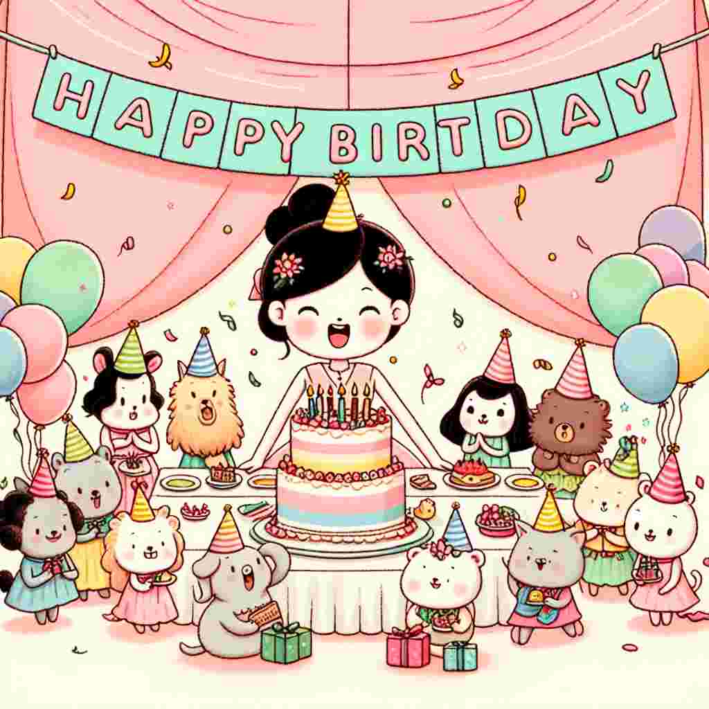 A whimsical illustration showcases a soft pastel-colored birthday party setup with 'Happy Birthday' elegantly written across a banner. In the center, a cartoonish Brittany, radiating joy, is surrounded by cheerful animals wearing party hats, sitting around a cake-laden table.
Generated with these themes: Brittany  .
Made with ❤️ by AI.
