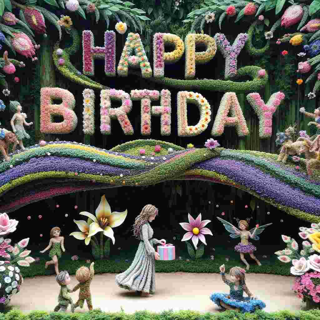 The charming scene is set within a fairy-tale garden, where 'Happy Birthday' is spelled out in vibrant flowers arcing over Brittany. She's depicted in a flowy dress, opening a gift, with little creatures and fairies celebrating around her, bringing an enchanting ambiance to the illustration.
Generated with these themes: Brittany  .
Made with ❤️ by AI.