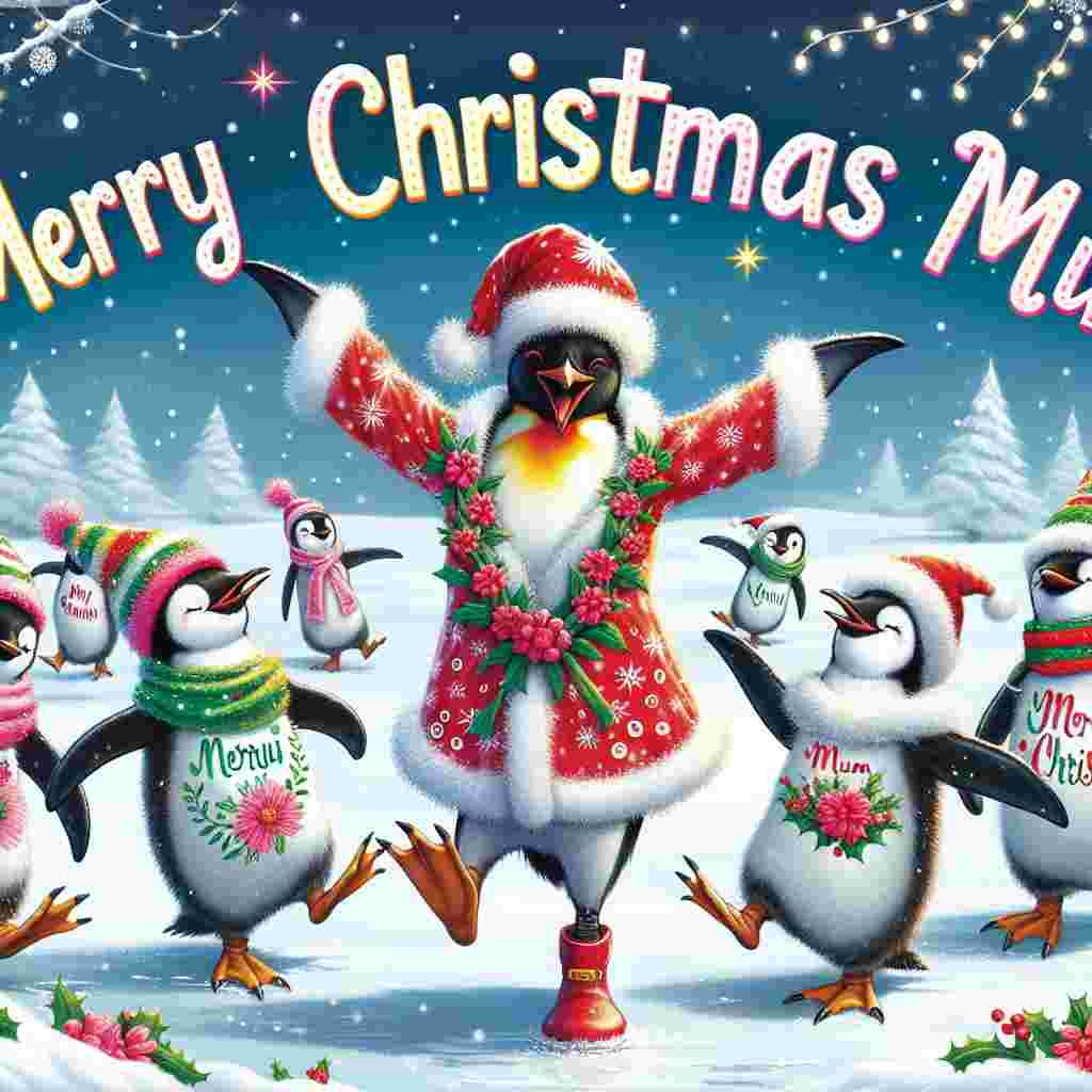 A comical Christmas scene unfolds as a group of penguins waddle around in stylish winter attire, each sporting a unique and flamboyant Christmas-themed outfit. In the center, a cheerful 'Mum' character smiles gleefully, dressed as Santa, with flowery patterns adorning her costume to add a touch of spring to the winter occasion. Above, the text 'Merry Christmas Mum' sparkles in festive colors, harmonizing with the flowers scattered throughout the snowy landscape.
Generated with these themes: Mum, Penguins, Fashion, and Flowers.
Made with ❤️ by AI.