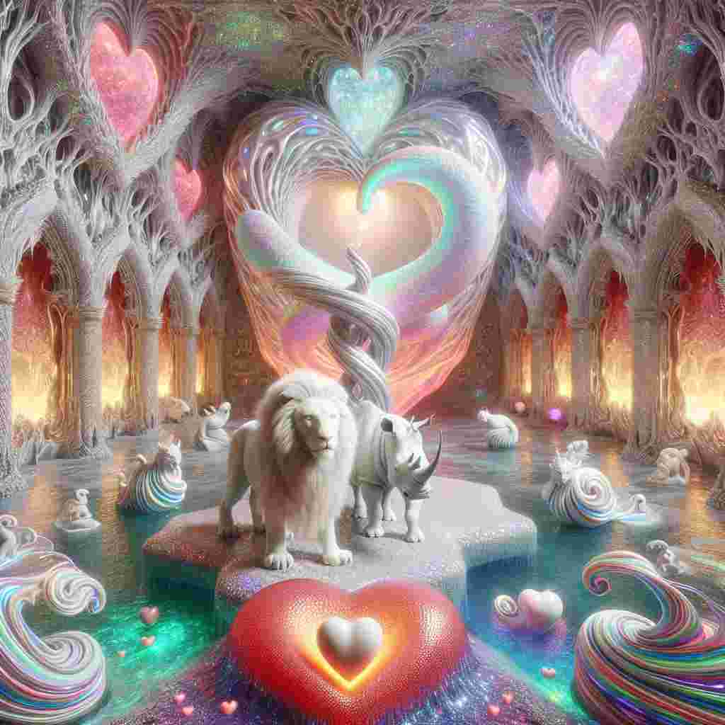 This is a request to generate a fantastical and surrealistic image. The focus of the scene is a spectral and pure white lioness and a mild-mannered rhino. They are standing on a heart made of flowing, molten glass. Surrounding them is the limitless interior of a whimsical dungeon, decorated in a style reminiscent of Valentine's Day. The walls of this fanciful dungeon sport iridescent gateways. The gateways offer tantalizing views of dragons whose forms intertwine with streamers of love. The dragons glisten, their scales glittering like gemstones, illuminated by the soft, alien glow permeating the entire scene.
Generated with these themes:  Rhino, White Lioness, and Dungeons and dragons .
Made with ❤️ by AI.