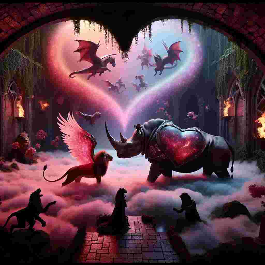 Imagine a mystical scene where fantasy meets emotion. Above floating islands of gentle crimson and pink mist, there is a magnificent rhino, shielded by heart-shaped iron plates, kneeling in a show of respect before a majestic lioness, her fur dusted with sparkling frost. Their unique bond is portrayed through a tender moment within a magical, heart-shaped clearing. This clearing is surrounded by the ancient walls of a dungeon tangled in ivy, where shadows come to life with the illuminations from fire-breathing dragons reenacting acts of heroism and tales of everlasting love.
Generated with these themes:  Rhino, White Lioness, and Dungeons and dragons .
Made with ❤️ by AI.
