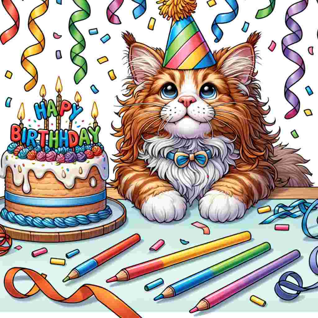 A cartoonish illustration shows a playful Maine Coon batting at dangling streamers. A party hat is jauntily tilted on its head. In the foreground, a cake with 'Happy Birthday' in icing dominates the scene.
Generated with these themes: Maine Coon Birthday Cards.
Made with ❤️ by AI.