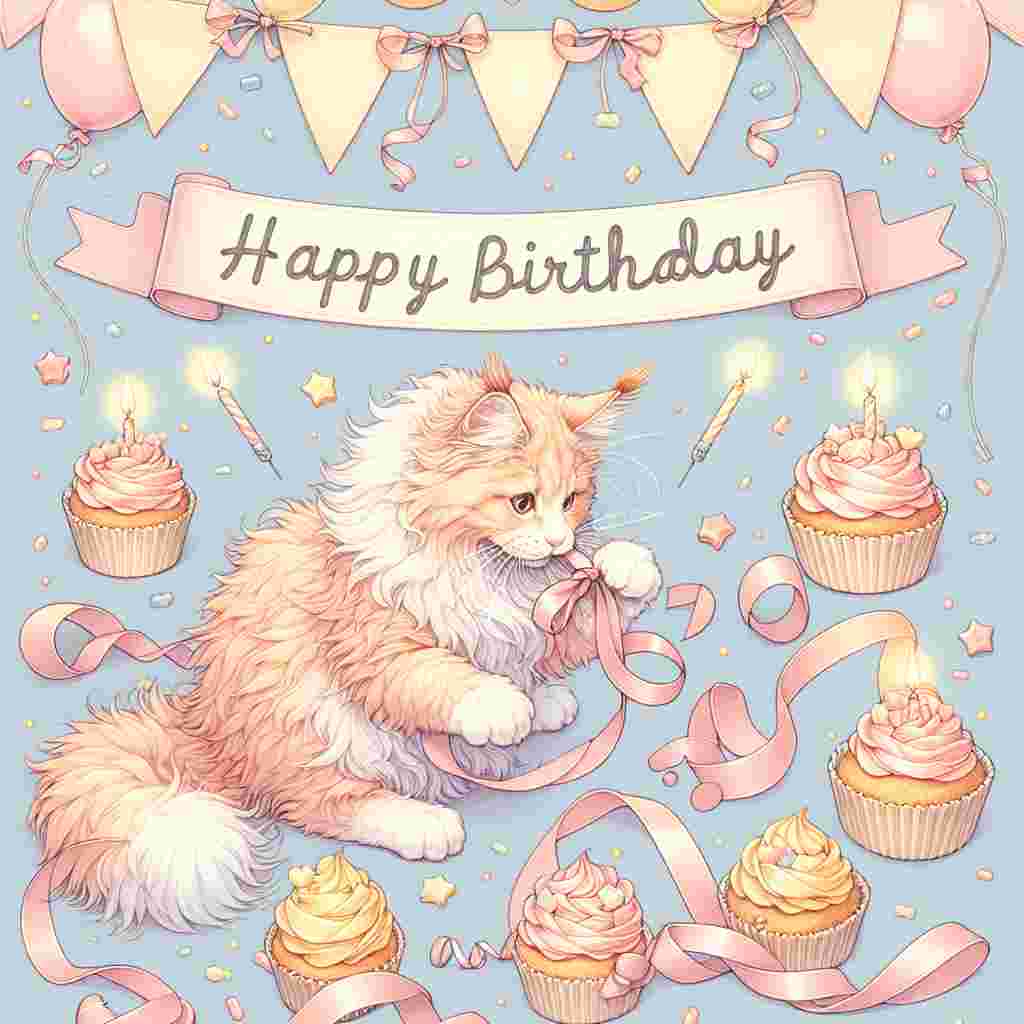 A pastel-colored birthday scene where a fluffy Maine Coon plays with a ribbon, surrounded by cupcakes with a single candle on each. 'Happy Birthday' is etched onto a banner draped across the top of the card.
Generated with these themes: Maine Coon Birthday Cards.
Made with ❤️ by AI.