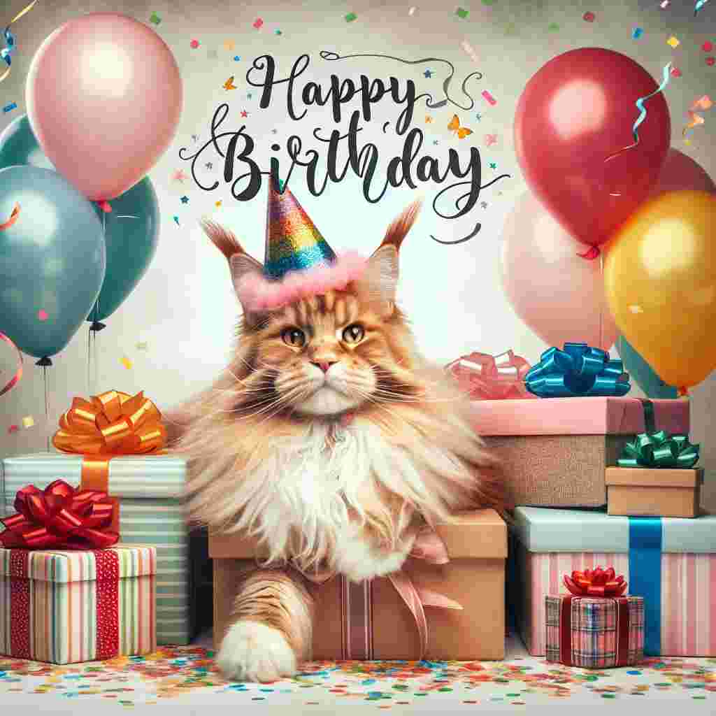 A vibrant Maine Coon wearing a birthday hat sits amidst a pile of presents, balloons float in the background, and the scene is sprinkled with confetti. The words 'Happy Birthday' are written in a cheerful script above.
Generated with these themes: Maine Coon Birthday Cards.
Made with ❤️ by AI.