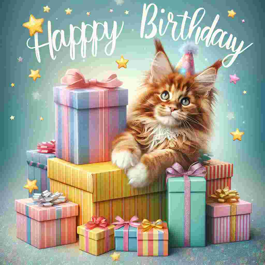 An adorable Maine Coon peeks out from behind a mountain of colorful gift boxes, with a mischievous twinkle in its eyes. Above the scene, 'Happy Birthday' is written in bold, fun letters surrounded by little stars.
Generated with these themes: Maine Coon Birthday Cards.
Made with ❤️ by AI.