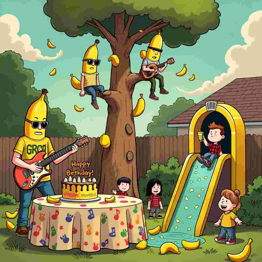 Picture a surreal birthday party set in a dreamy 90s-inspired backyard. At the center of the scene, a whimsical banana tree stands proudly, with vibrant yellow bananas hanging like decorations. Perched on the branches are cartoon characters resembling the members of Green Day, dressed in their iconic 90s attire but with a quirky twist: each has a unique banana-related accessory, like banana-shaped sunglasses or banana-themed hats.

To the left of the tree, a cartoon ham dressed in a Green Day band t-shirt is playing an electric guitar, seemingly serenading the birthday celebrant. The ham’s expression is one of sheer rock ‘n’ roll intensity, complete with exaggerated, wavy musical notes floating through the air.

In the foreground, a table is set up with a colorful 90s-themed birthday cake, complete with cassette tape and rollerblade decorations made of icing. The tablecloth features a vibrant pattern of peace signs, smiley faces, and geometric shapes. Surrounding the table are cartoon characters inspired by Peanuts and Calvin and Hobbes, each holding slices of cake and party poppers.

To the right, there's a quirky banana slide, where kids dressed in 90s fashion—baggy jeans, plaid shirts, and neon-colored accessories—are gleefully sliding down, landing in a pool filled with rubber bananas. Above them, a whimsical banner reads "Happy Birthday" in graffiti-style lettering reminiscent of 90s street art.

In the background, a giant, cartoonish jukebox plays Green Day tunes, and the jukebox itself is partially made out of banana peels and ham slices. The sky is a blend of pastel colors, with a few fluffy clouds shaped like musical notes and bananas.

Overall, the scene is a delightful mix of nostalgic 90s elements, surreal banana and ham characters, and a festive birthday atmosphere, brought to life with a cartoonish flair that pays homage to the likes of Schulz, Watterson, and Larson.
Generated with these themes: 90s, Greenday, Bananas , and Ham.
Made with ❤️ by AI.