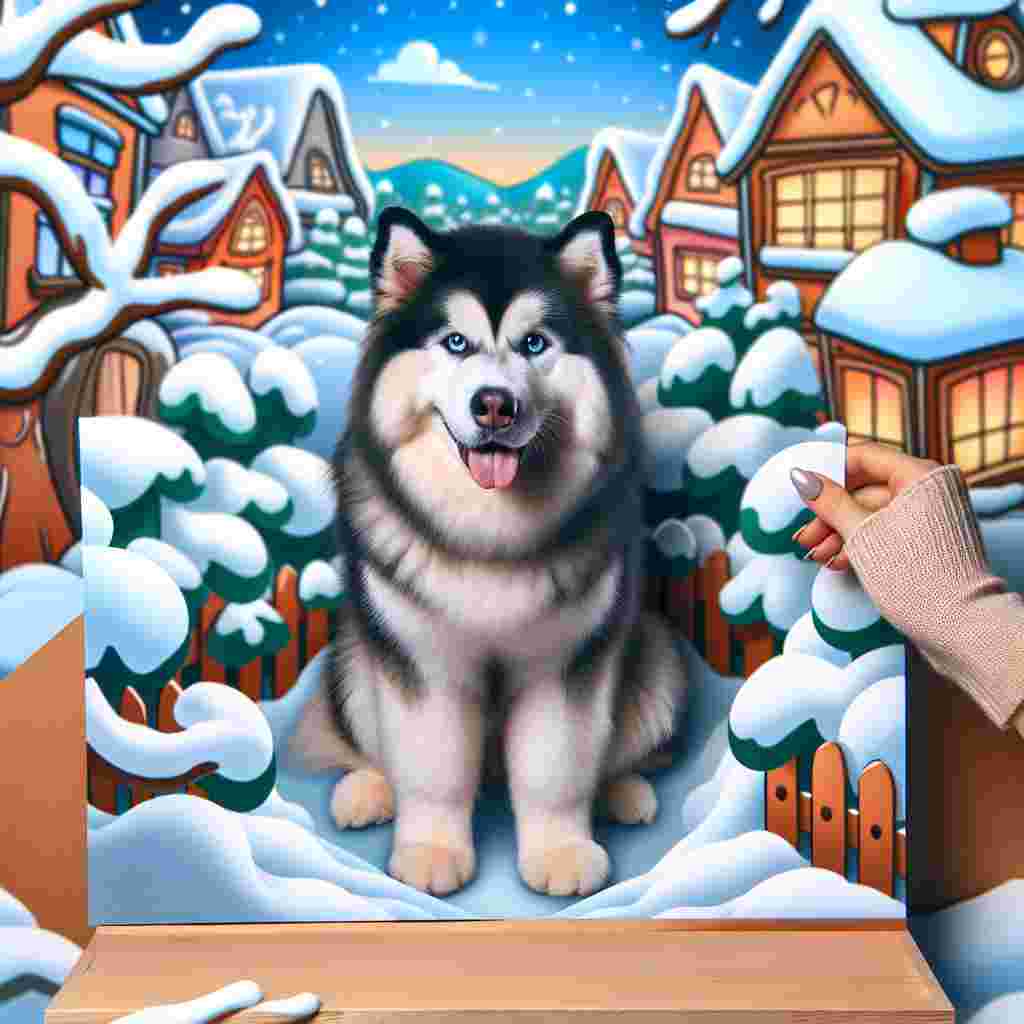 Picture a whimsical cartoon world embracing a quaint winter landscape. The centerpiece of the image is a fluffy adult Alaskan Malamute. Its robust build and vibrant black and white coat contrast beautifully against the blanket of pristine white snow surrounding it. The dog's piercing blue eyes glitter with a friendly allure, welcoming anyone who gazes upon it into the tranquil and serene scene.
.
Made with ❤️ by AI.