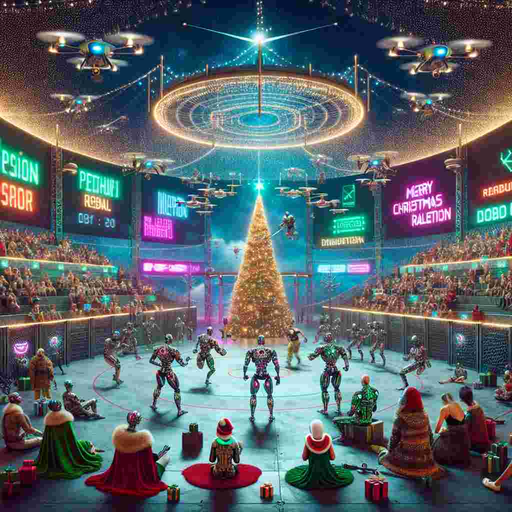 A surrealist, Christmas-infused cyberpunk arena where wealthy spectators in extravagant, future-fashion attire watch robotic MMA fighters exchanging blows under a gigantic, metallic Christmas tree. Neon signs pulse with Yuletide cheer and cybernetic enhancements glint under twinkling lights. In the sky, a constellation of drones spells out 'Merry Christmas Rob', adding a personal touch to the high-tech holiday celebration.
Generated with these themes: Cyberpunk, Rich, and Mma.
Made with ❤️ by AI.