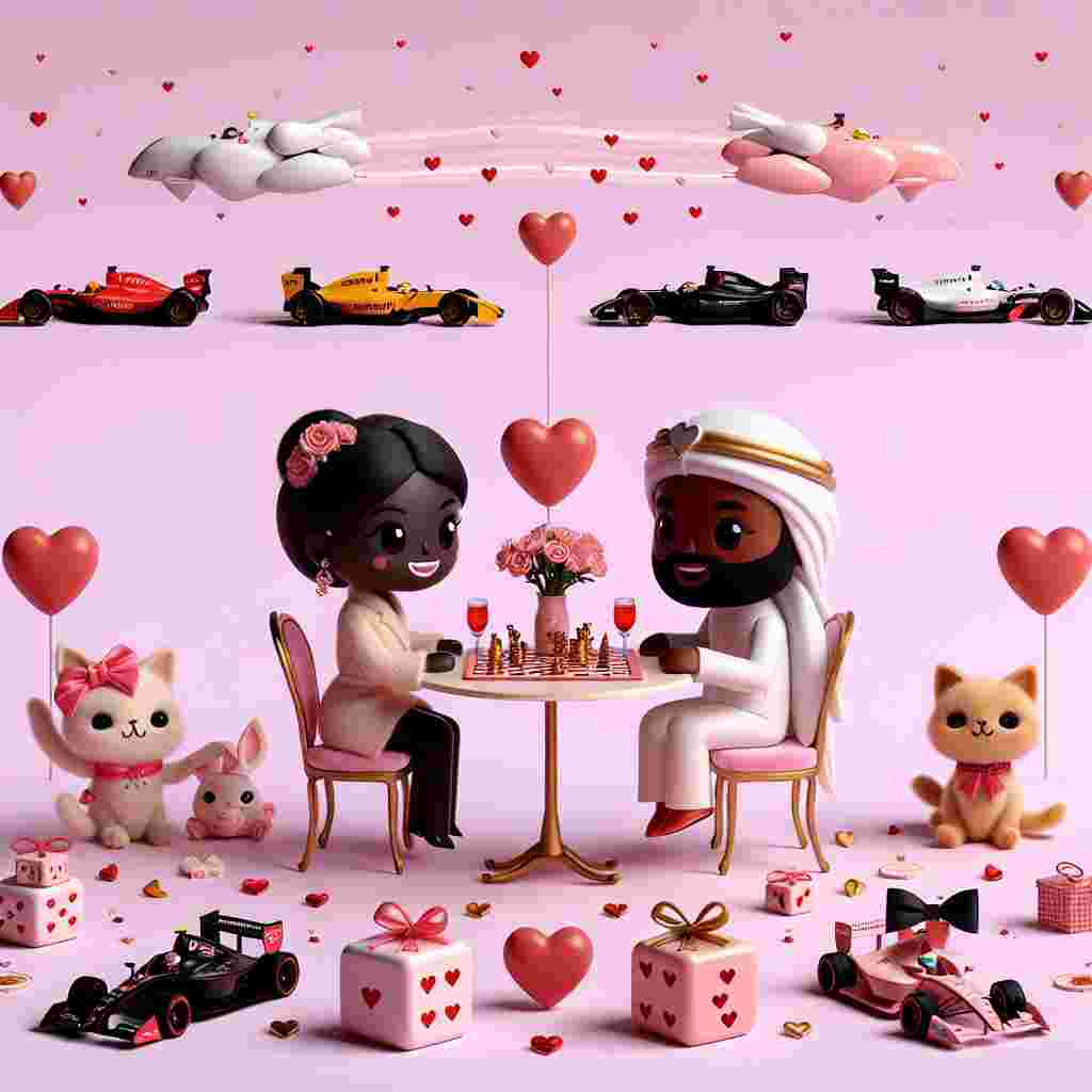 Envision a fanciful Valentine's Day scene set against a pastel-pink background. An adorable cartoon couple of distinct descents, a Black woman and a Middle-Eastern man, are sitting at a snug table, nestled amidst numerous heart-shaped adornments. The table is elegantly decorated with diverse tiny board games, each highlighting themes of love and companionship. Nearby, two fluffy cartoon cats of different breeds, adorned with ribbons and bows, cheerfully engage with dice patterned with hearts. Above them, stylized illustrations of Formula E cars zip across the sky, leaving behind trails of rose petals and heart-shaped exhaust clouds, adding a contemporary spin to this romantic tableau.
Generated with these themes: Board games, Dice, Cats, and Formula E.
Made with ❤️ by AI.
