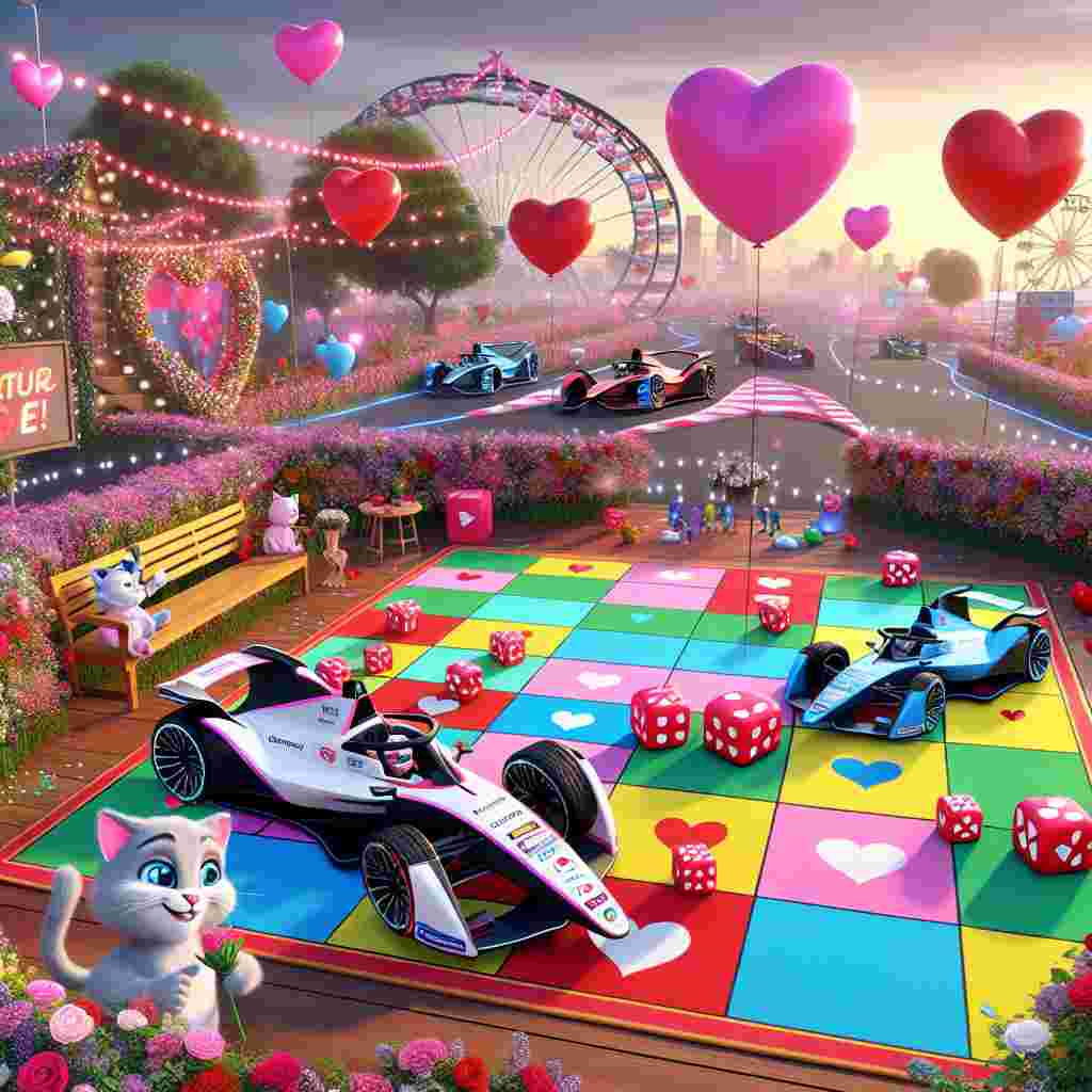 Visualize a lovely park filled with an abundance of flowers and heart-shaped balloons floating in the air. The central attraction in the park is a vibrantly colored, oversized board game with a trail of heart-shaped spaces leading to a grand winner's podium. Cartoon cats, wearing Formula E driving gear, are engaged in a playful race across the game board, their movements dictated by giant, plush dice they roll. In the distance, actual Formula E automobiles decorated with adornments celebrating Valentine's Day zoom along a racing track designed on a heart theme. Listen to the faint hum of the electric motors coming from these cars, contributing to the festive ambience of this Valentine's Day celebration.
Generated with these themes: Board games, Dice, Cats, and Formula E.
Made with ❤️ by AI.
