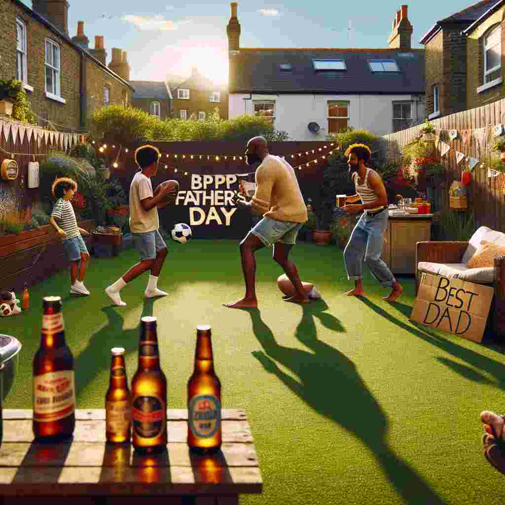 A cozy backyard in London is transformed into a delightful sanctuary for Father's Day. The sun casts a golden glow over a lively family football game, featuring diverse players including a Black boy, a Hispanic girl, a Middle-Eastern woman, and a Caucasian man. The verdant grass is speckled with chilled bottles of top-notch locally brewed beer in anticipation of the halftime toast to the 'Best Dad'. The tantalizing aroma of grilling foods wafts through the air, and amidst the vibrant garden ornaments, handmade signs commemorating Father's Day sway gently in the breeze, as the day revels in the heartfelt festivities.
Generated with these themes: Football , Beer , Sun, London , Father’s Day , and Best dad .
Made with ❤️ by AI.