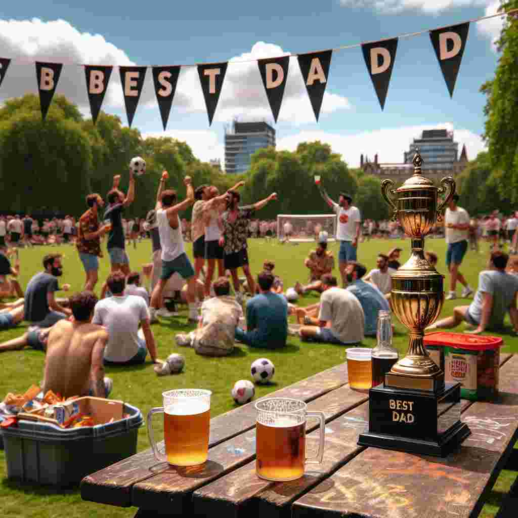 On a sunny day, a lively park in London buzzes with energy under the warm sun. A Father's Day banner flutters cheerfully in the wind. A spontaneous soccer game is underway, eliciting laughter from the participants, while a crowd of equally diverse spectators cheers on, clinking their pint glasses in toasts of good spirit. Not too far off, a picnic table stands, beautifully decorated with a trophy that reads 'Best Dad', flanked by chilled mugs of beer and an array of snacks. It serves as an inviting sight, beckoning fathers from all walks of life to take a moment, relax, and soak in the joyful atmosphere of the day.
Generated with these themes: Football , Beer , Sun, London , Father’s Day , and Best dad .
Made with ❤️ by AI.