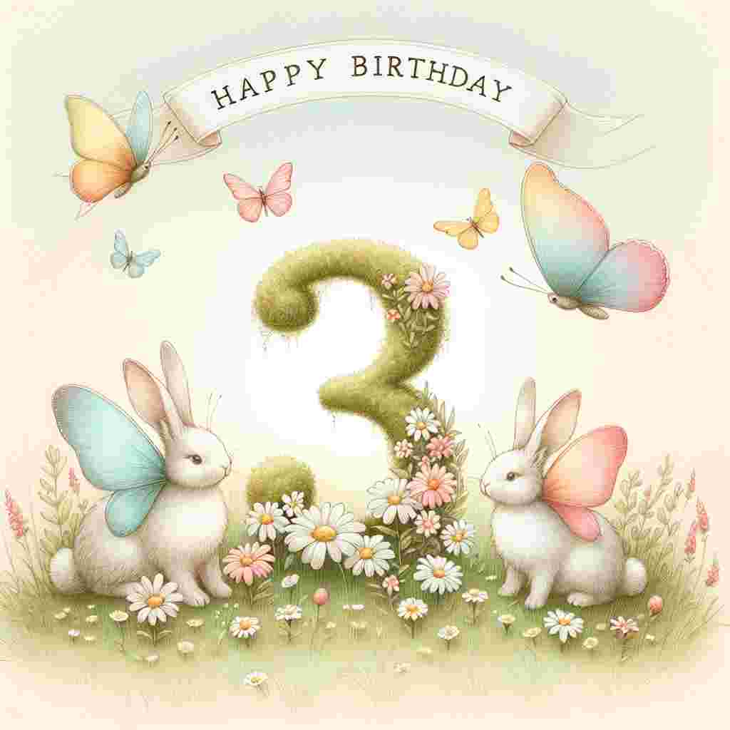 A pastel-toned sketch features a serene garden party with three butterflies fluttering around a whimsical '3' covered in soft moss and daisies. In the foreground, 'Happy Birthday' is elegantly scripted on a banner held aloft by two charming bunnies.
Generated with these themes: 3rd kids  .
Made with ❤️ by AI.