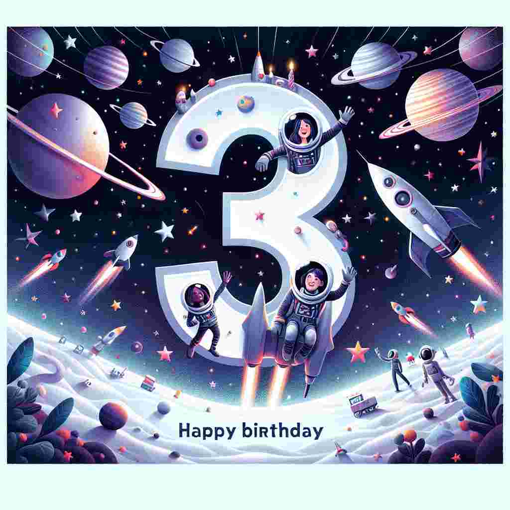 An illustration with a space theme displays a rocket in the shape of the number '3' blasting off amidst stars and planets. Three little astronauts wave from the portholes, and the cosmic backdrop sets the stage for the 'Happy Birthday' message written in a futuristic font across the bottom.
Generated with these themes: 3rd kids  .
Made with ❤️ by AI.