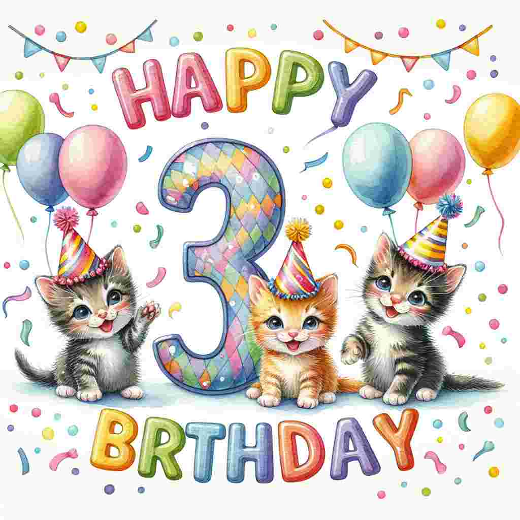 A whimsical watercolor illustration depicts a jubilant third birthday scene with three frolicking kittens wearing party hats. Balloons and colorful confetti float around a large, patterned '3' in the background. The words 'Happy Birthday' are prominently displayed in bubbly, child-friendly font at the top.
Generated with these themes: 3rd kids  .
Made with ❤️ by AI.