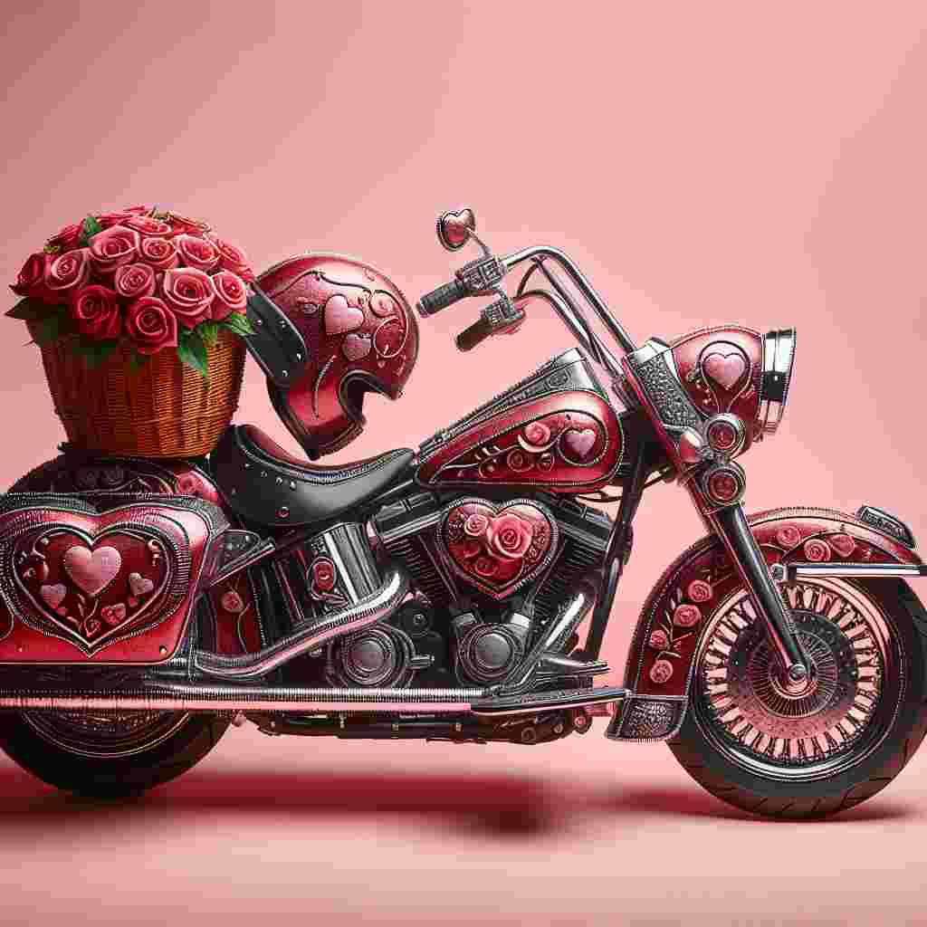A captivating Valentine's Day image portrays a shiny Harley Davidson-style motorcycle, decorated with finely detailed hearts and flower patterns. This motorbike is presented against a soothing pink backdrop, with a basket affixed to its handle filled with rich red roses. Two helmets, their sides tenderly touching as if sharing a sweet kiss, are placed on the seat, symbolizing the strong connection between two lovers who are prepared to set off on a romantic journey on the road.
Generated with these themes: Harley Davidson motorbike .
Made with ❤️ by AI.