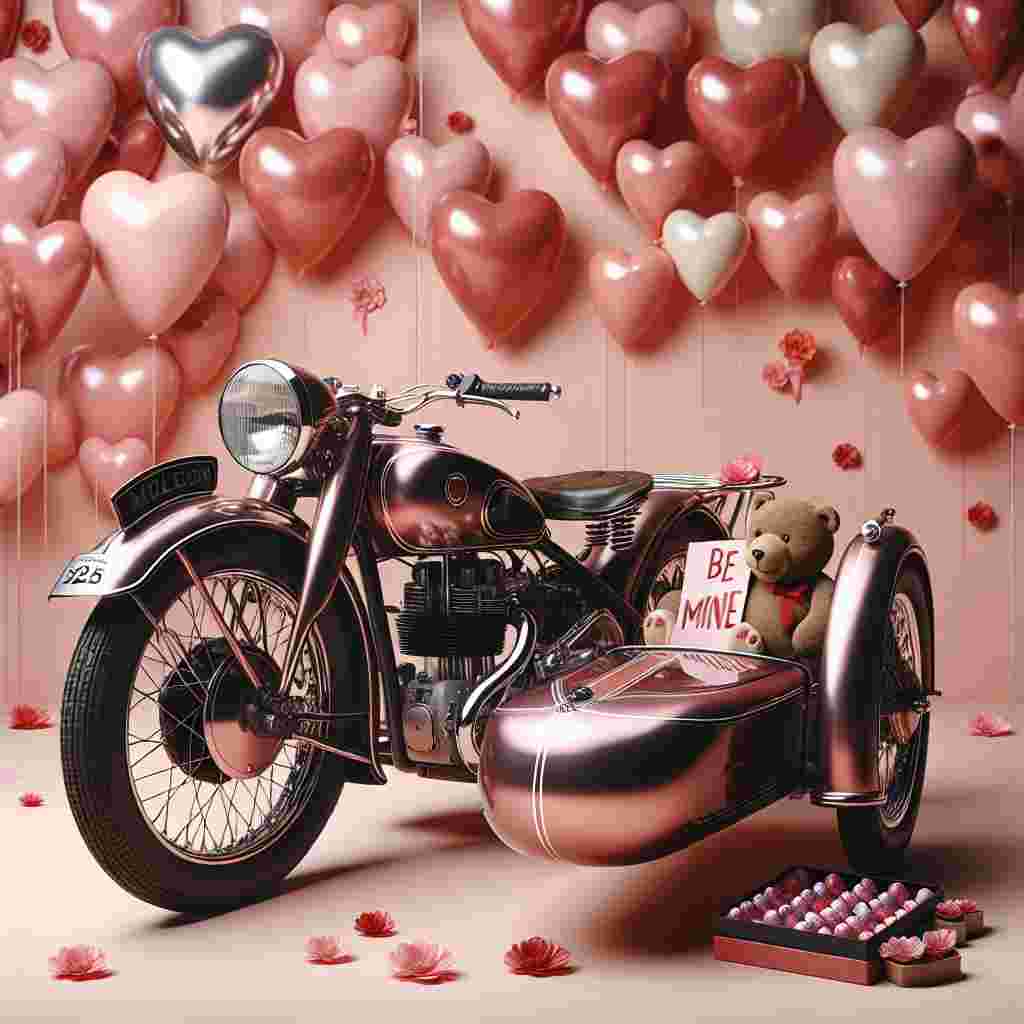 The image captures a whimsical Valentine's day atmosphere with a sleek, traditional motorbike at the center of the scene. This motorcycle is freshly polished, showing off its classic curves and glossy chrome details which subtly reflect shades of blush and ruby. Behind the motorcycle, there's a backdrop of heart-shaped balloons floating in the air, painted in different shades of pink and white which gives off a light, festive mood. A sidecar accompanying the bike is brimming with a sort of chocolate truffles and a cuddly toy bear clutching a sign that reads 'Be Mine', contributing to the overall romantic essence of the day.
Generated with these themes: Harley Davidson motorbike .
Made with ❤️ by AI.