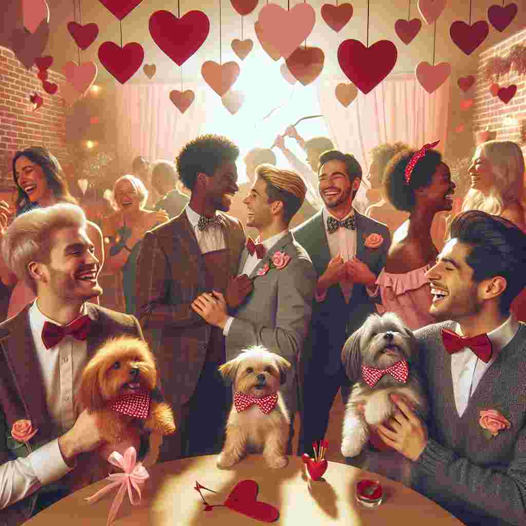 Envision a charming Valentine's Day gathering in a heart-decorated, warm and welcoming club setting. The visual should feature a diverse group of friends, both male and female of varying descents like Caucasian, Hispanic, Black, Middle-Eastern and South Asian, engrossed in laughter, chatter, and dance. Amidst this cheerful camaraderie, a variety of irresistibly cute small dogs donning tiny bow ties and heart-patterned bandanas are playfully running around. The scene should echo with themes of love and friendship accentuated by subtle representations of cupid's arrows gently persuading these individuals to share a dance or a friendly embrace with their human and animal friends.
Generated with these themes: Clubbing, small dogs, friends.
Made with ❤️ by AI.
