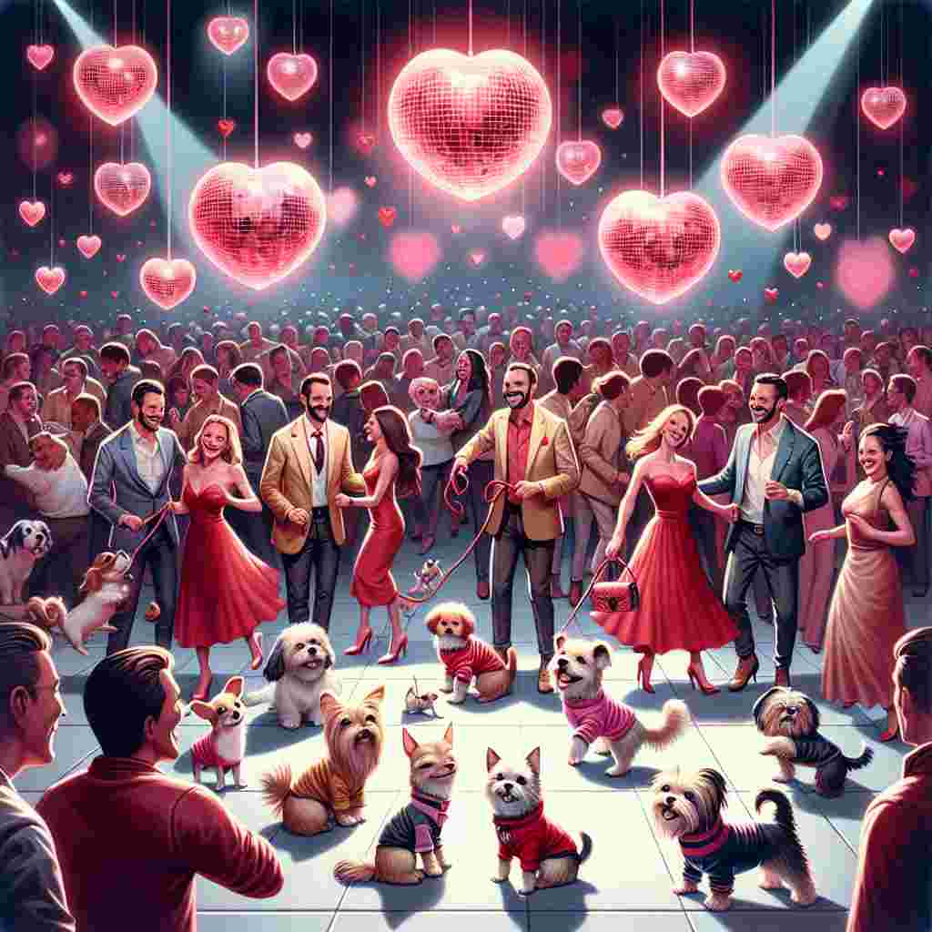 Imagine a whimsical Valentine's Day setting, visualizing a buzzing club filled with small, adorable dogs. Depict various couples and friends of diverse genders and descents engaged in a fun-filled dance under radiant, heart-shaped disco balls. The scene should also include charming, well-groomed dogs of different breeds joyously interacting with the crowd. Show some of the pups rhythmically tapping their tiny paws to the music. The ambiance should be brilliantly saturated in romantic shades of red and pink, symbolizing the joyous gathering and the balance of party vibes with love in the atmosphere.
Generated with these themes: Clubbing, small dogs, friends.
Made with ❤️ by AI.
