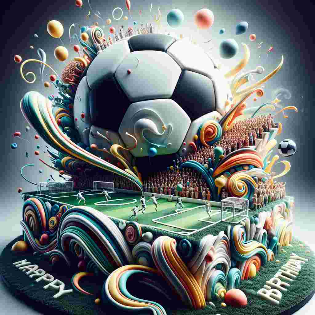 In a vibrant scene that defies the laws of perspective, an oversized soccer ball sits atop a tilted cake, with layers resembling a stadium filled with cheering fans. Abstract shapes and patterns dance around the festive message '18 Happy Birthday!', which is etched into the icing-covered grass beneath a crescent moon.
Generated with these themes: Soccer, and Cake.
Made with ❤️ by AI.