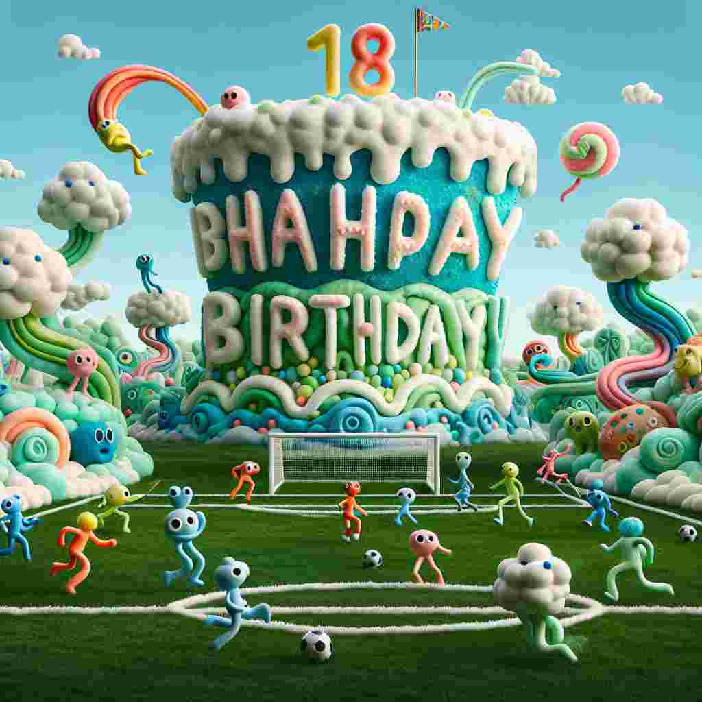 A dreamlike soccer field extends with a grassy texture that morphs into frosting, where a gargantuan birthday cake stands as the goal. Whimsical creatures are playing a game of soccer with a candied ball, while '18 Happy Birthday!' is written in the clouds above in a playful, melted font.
Generated with these themes: Soccer, and Cake.
Made with ❤️ by AI.